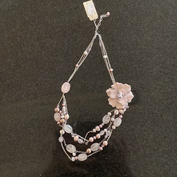 Anne Taylor gorgeous pink enamel, quartz,pearl costume necklace and brooch BNWT - Picture 3 of 8